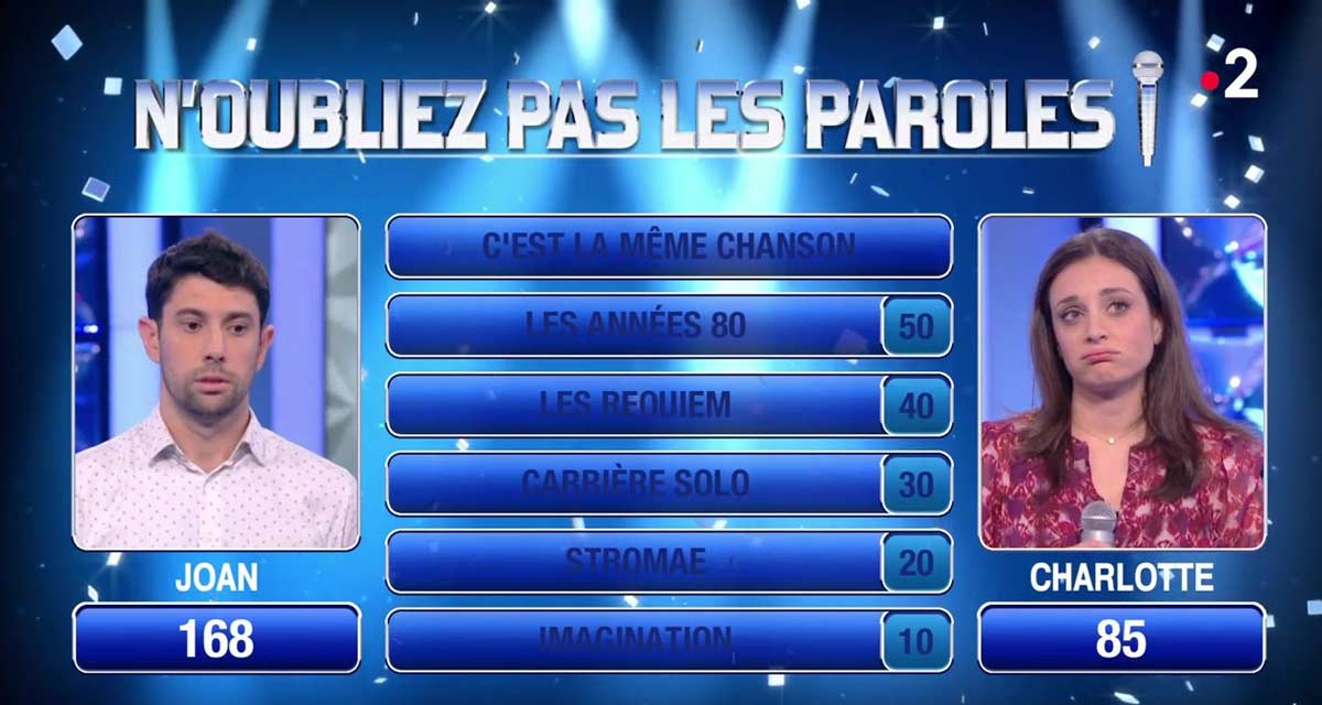N’oubliez pas les paroles : Nagui pense avoir mis enceinte une maestro, Joan éliminé après la défaite de Charlotte sur France 2 ? N’oubliez pas les paroles : Nagui pense avoir mis enceinte une maestro, Joan éliminé après la défaite de Charlotte sur France 2 ?